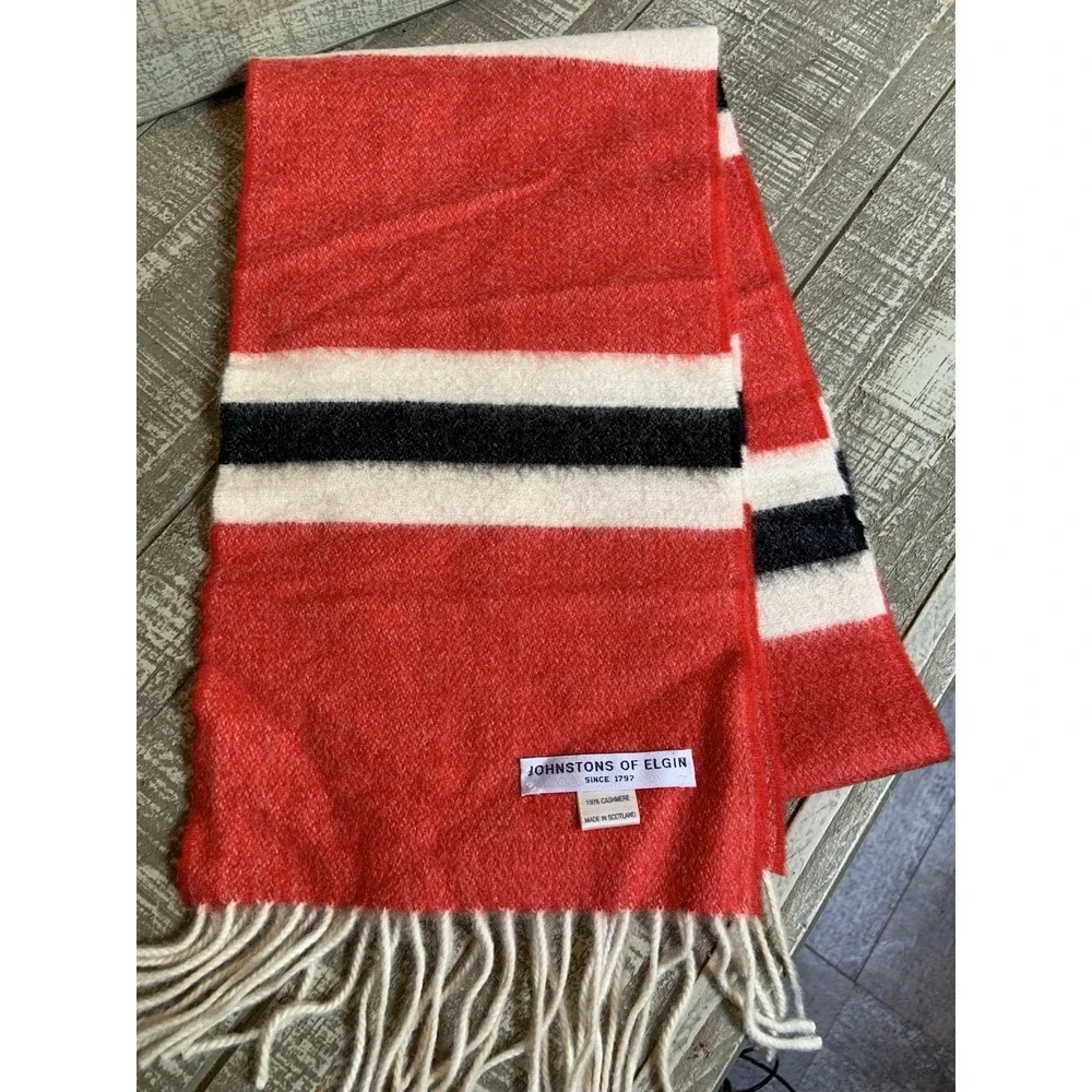 Johnstons of Elgin Scotland 100% Cashmere Fringe Scarf Multicolor‎ Plaid 60 X 8